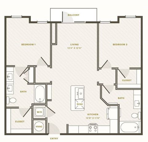 Floor plan for 2 beds, 2 baths, 1064 sqft